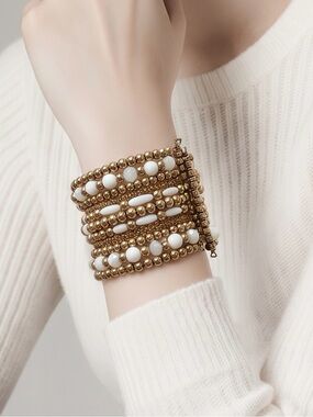 Handcrafted Gold & White Beaded Cuff Bracelet | Boho Statement Jewelry